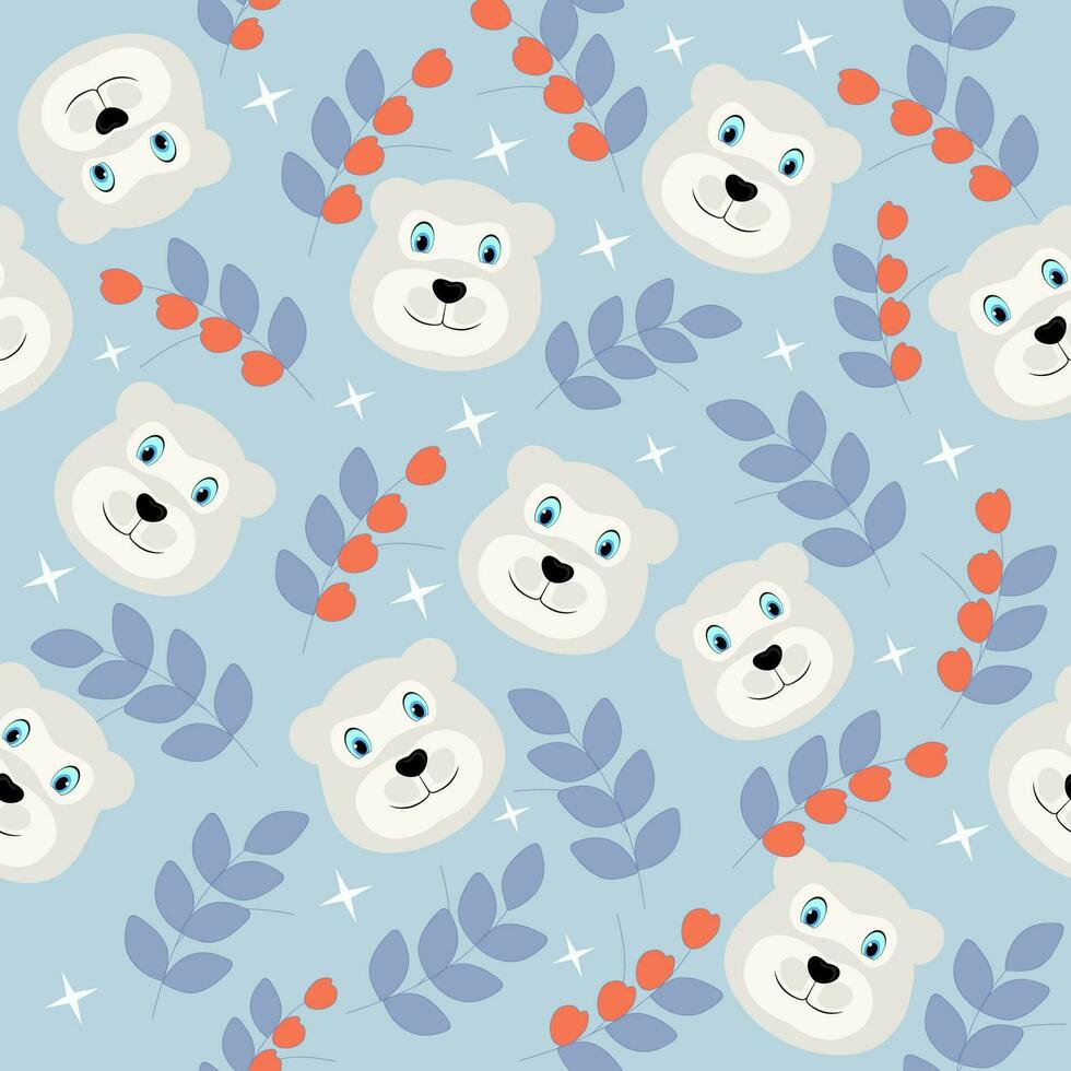 Repetition Polar Bear Face And Leaves On Blue Background. vector