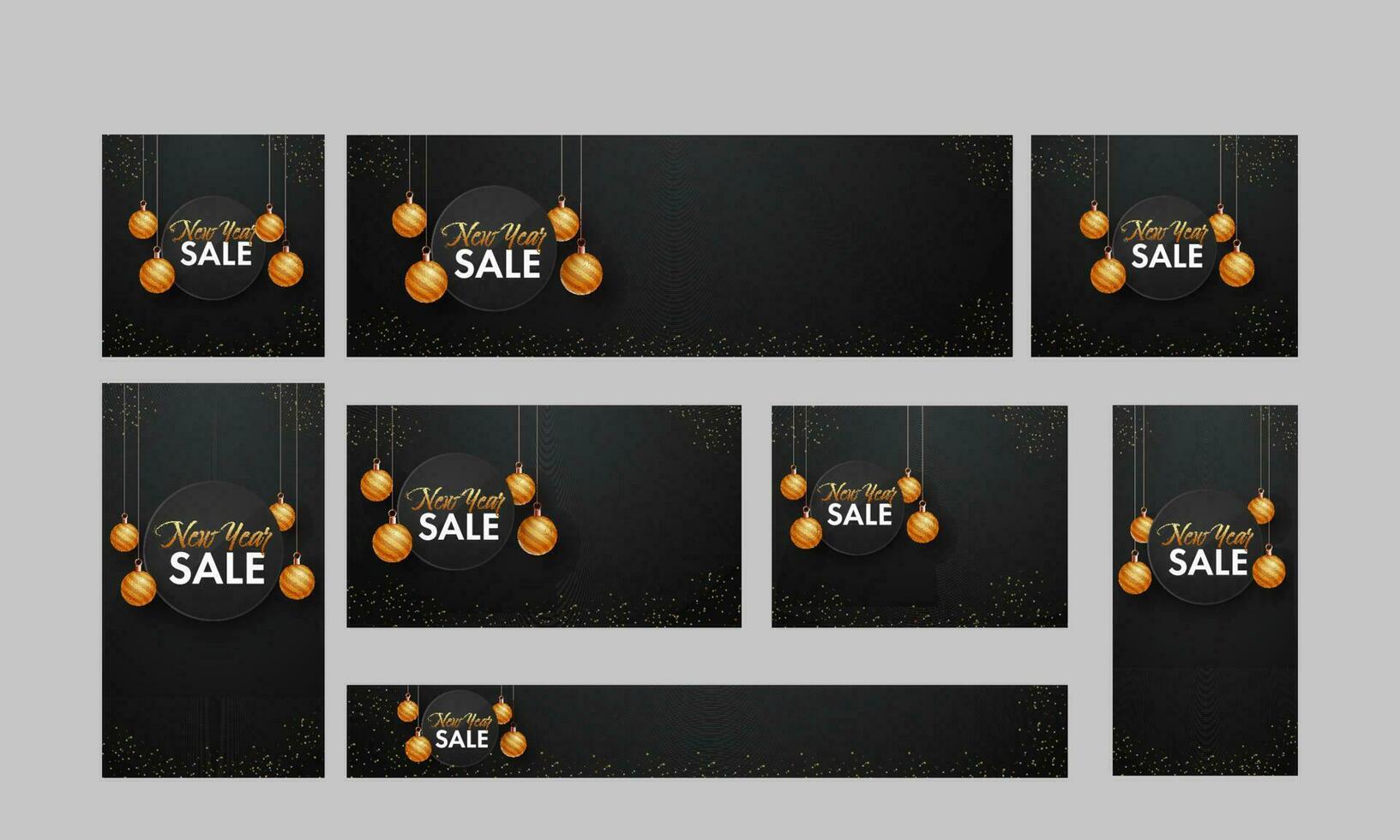 Social Media Template And Header Set With Golden Baubles Hang For New Year Sale. vector