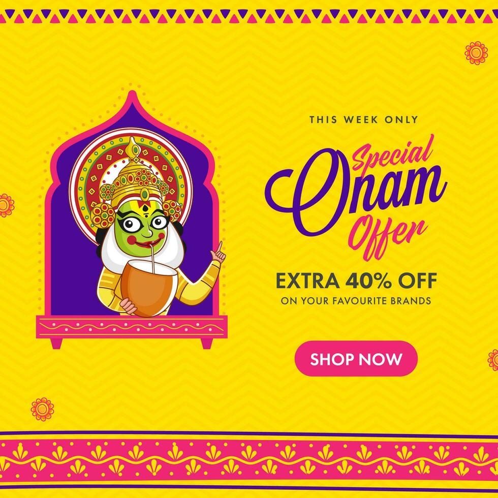 onam rebaja póster diseño con Kathakali bailarín Bebiendo Coco agua en amarillo y rosado antecedentes. vector