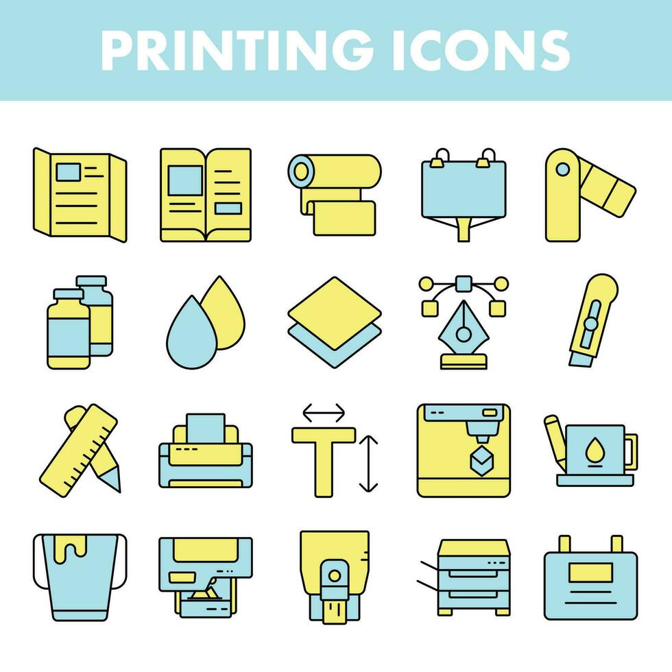 Blue And Yellow Color Set of Printing Icon In Flat Style. vector