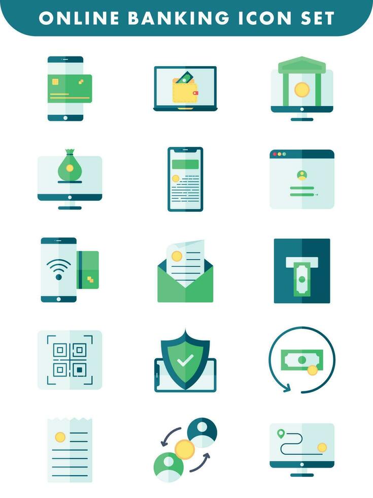 Flat Style Online Banking Icon Set On White Background. vector