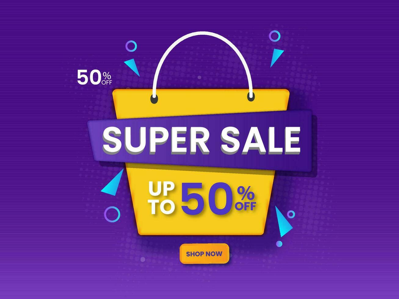 For Super Sale Poster Design With Shopping Bag In Yellow And Purple Color. vector