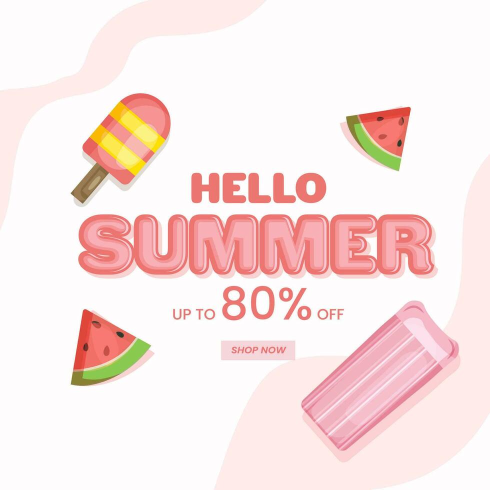 Hola verano rebaja póster diseño con descuento oferta, sandía rebanadas, hielo crema y nadando estera o cama en blanco antecedentes. vector