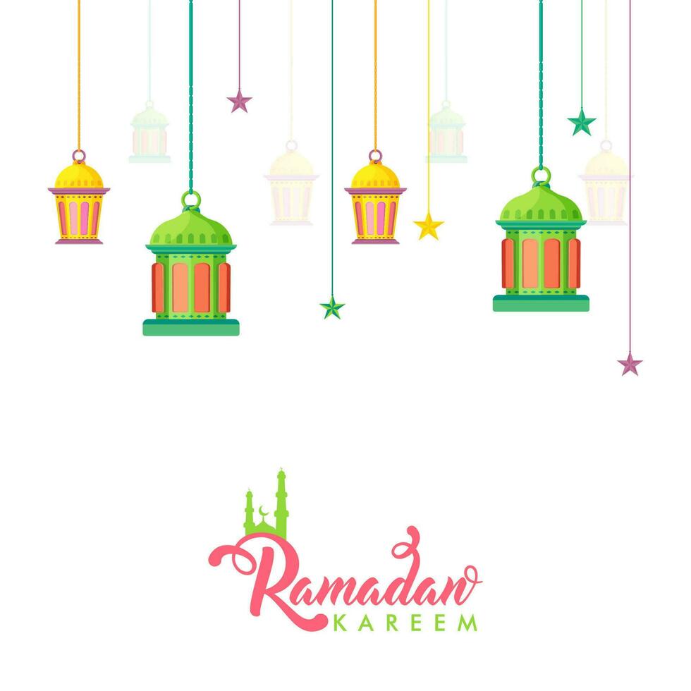 Ramadán kareem saludo tarjeta con colgando Arábica linternas y estrellas decorado en blanco antecedentes. vector