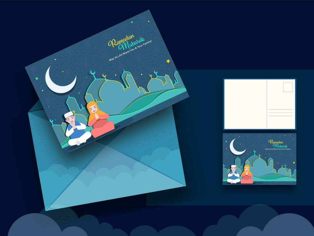 Ramadan Mubarak Greeting Card With Envelope On Blue Background. vector