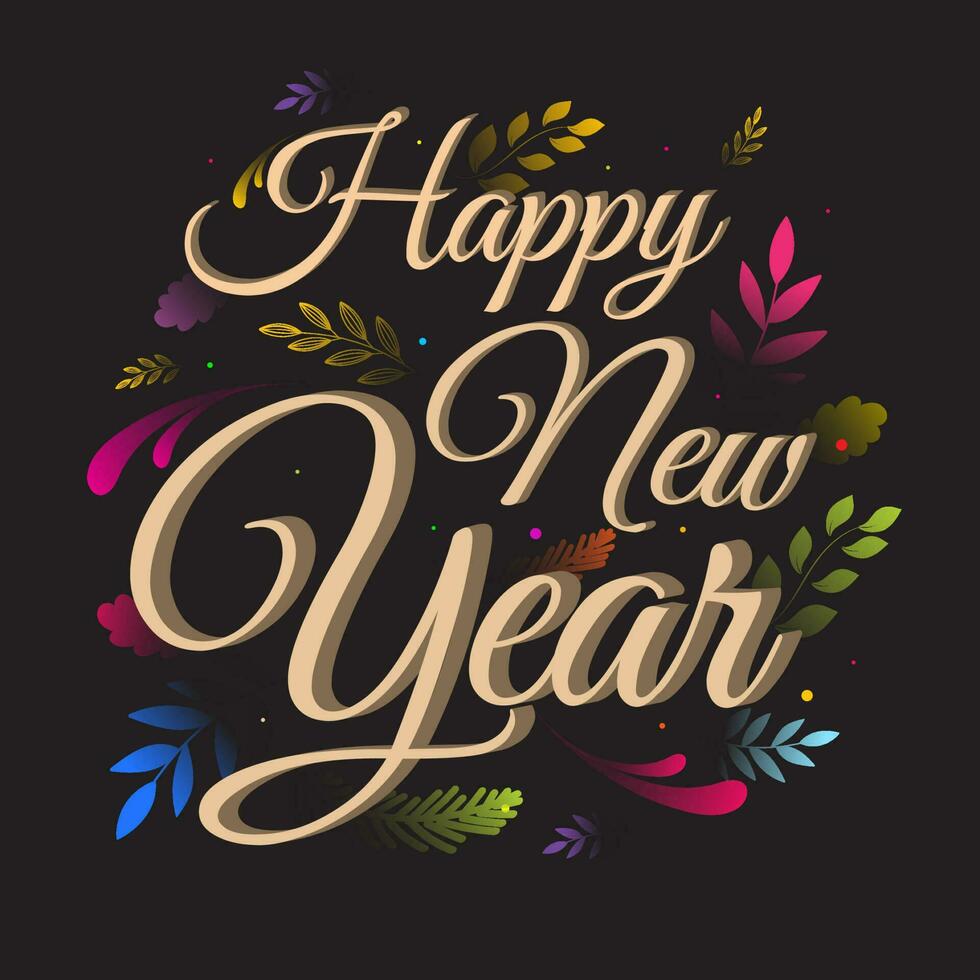 Brown Calligraphy Of Happy New Year With Colorful Leaves Decorated On Black Background. vector
