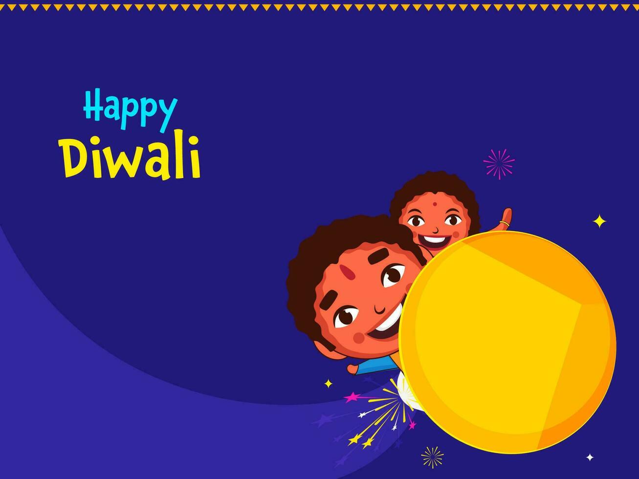 Happy Diwali Celebration Concept With Cheerful Kids Over Rocket On Blue Background. vector