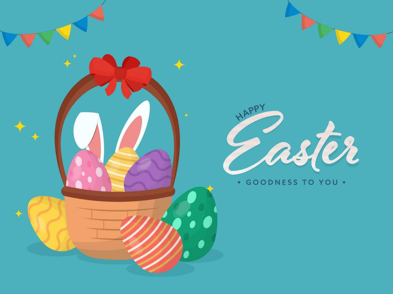 Happy Easter Celebration Concept With Colorful Printed Eggs And Bunny Ears In Basket On Blue Background. vector