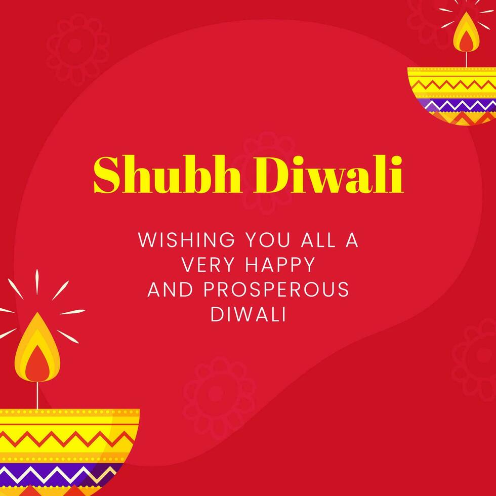 Happy Diwali Wishing Card With Lit Oil Lamp On Red Background. vector