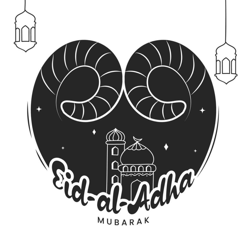 Eid-Al-Adha Mubarak Font With Mosque Illustration, Sheep Horn And Lanterns Hang On White Background. vector
