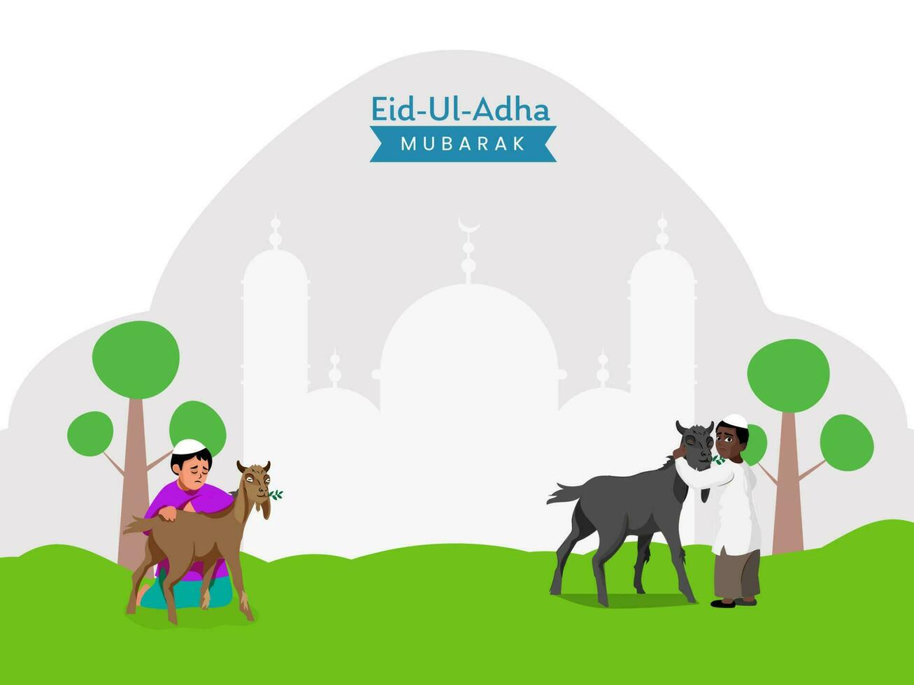 Eid Al Adha Mubarak Concept With Islamic Boys Praying Before Qurbani Sacrifice Of Goat On Green And White Silhouette Mosque Background. vector