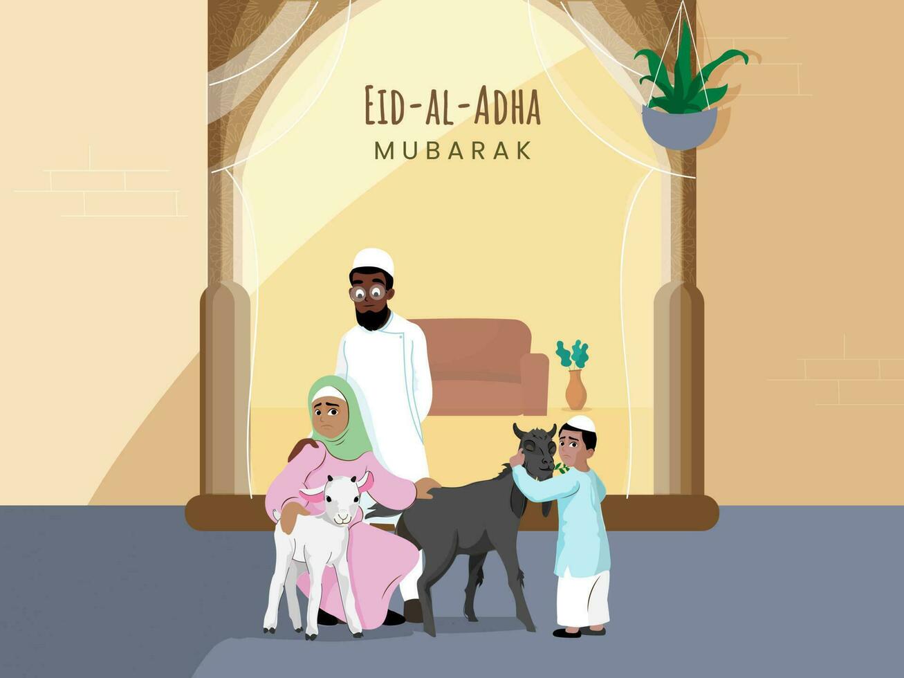 Muslim Family Caressing Goat Before Qurbani Sacrifice On Yellow And Gray Background For Eid-Al-Adha Mubarak Concept. vector