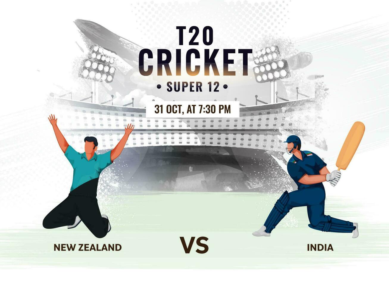 T20 Cricket Match Concept With Participating Team Players Of New Zealand VS India On Gray Stadium Texture Background. vector