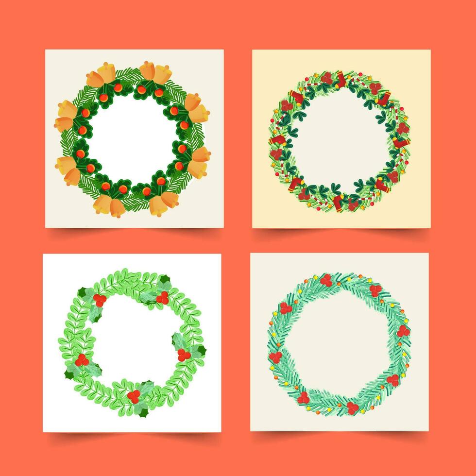Circular Frame Made By Christmas Elements In Four Options With Copy Space. vector