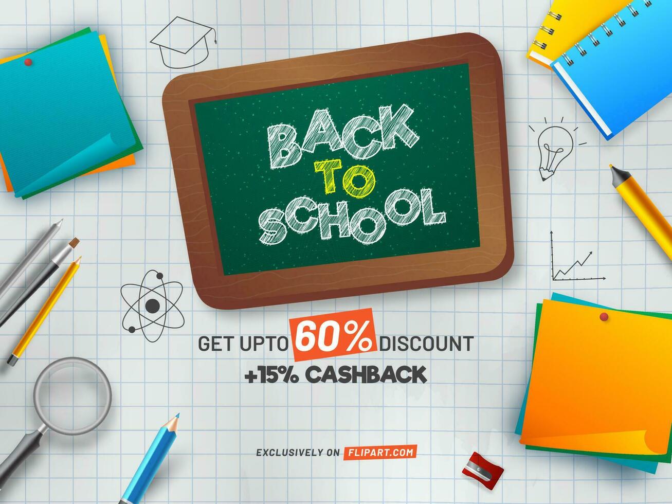 Back To School Sale Poster Or Banner Design With Top View Of Educational Elements. vector