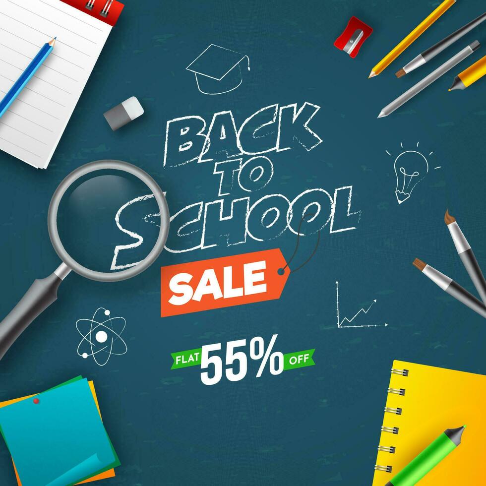 Back To School Sale Poster Design With Discount Offer And Top View Of Supplies Elements On Blue Background. vector