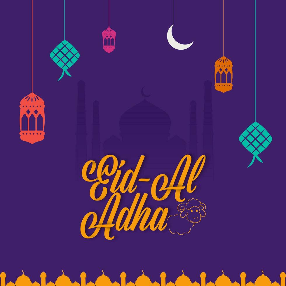 Eid-Al-Adha Font With Line Art Sheep, Lanterns, Crescent Moon And Ketupat Hang On Purple Silhouette Mosque Background. vector