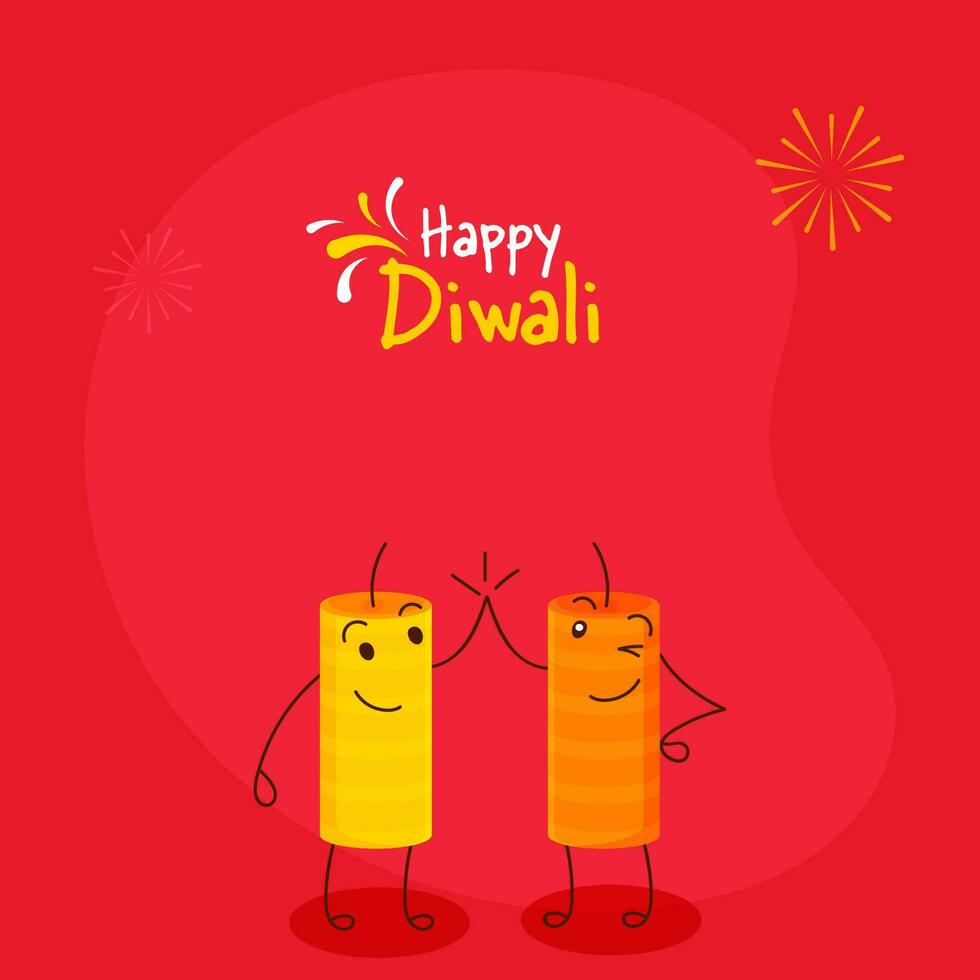 contento diwali celebracion concepto con dibujos animados petardo haciendo alto cinco en rojo antecedentes. vector