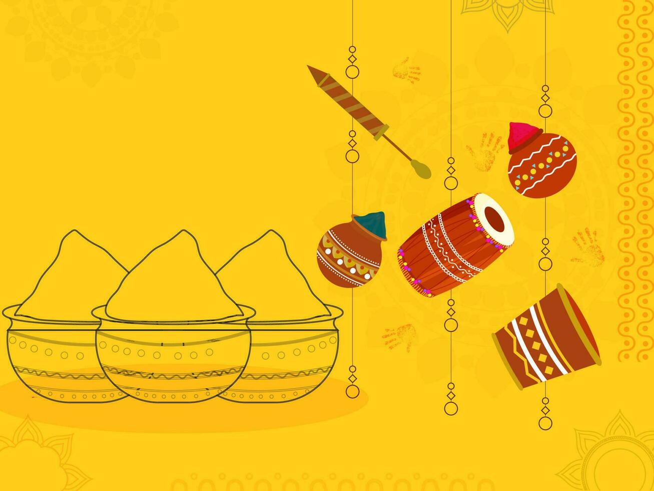 Line Art Bowl Full Of Colors With Hanging Water Gun, Mud Pots And Drum On Yellow Background. vector