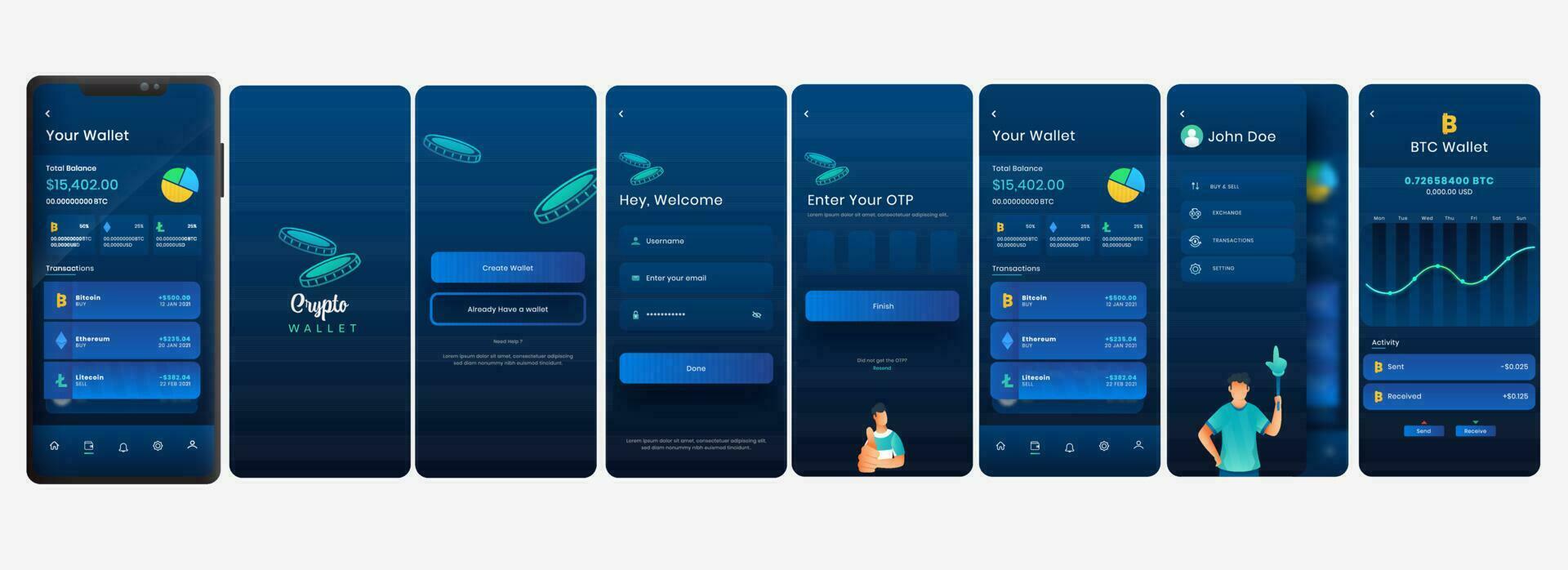 Crypto Wallet Mobile App UI, UX, Screens Including Like As Create Account For Payment Or Transaction. vector