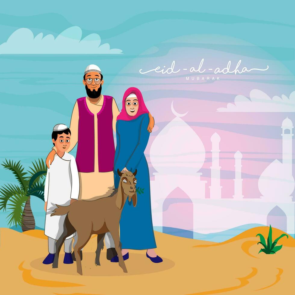 Illustration Of Muslim Family Standing Together With Goat Animal On Silhouette Mosque Colorful Background For Eid-Al-Adha Mubarak Concept. vector