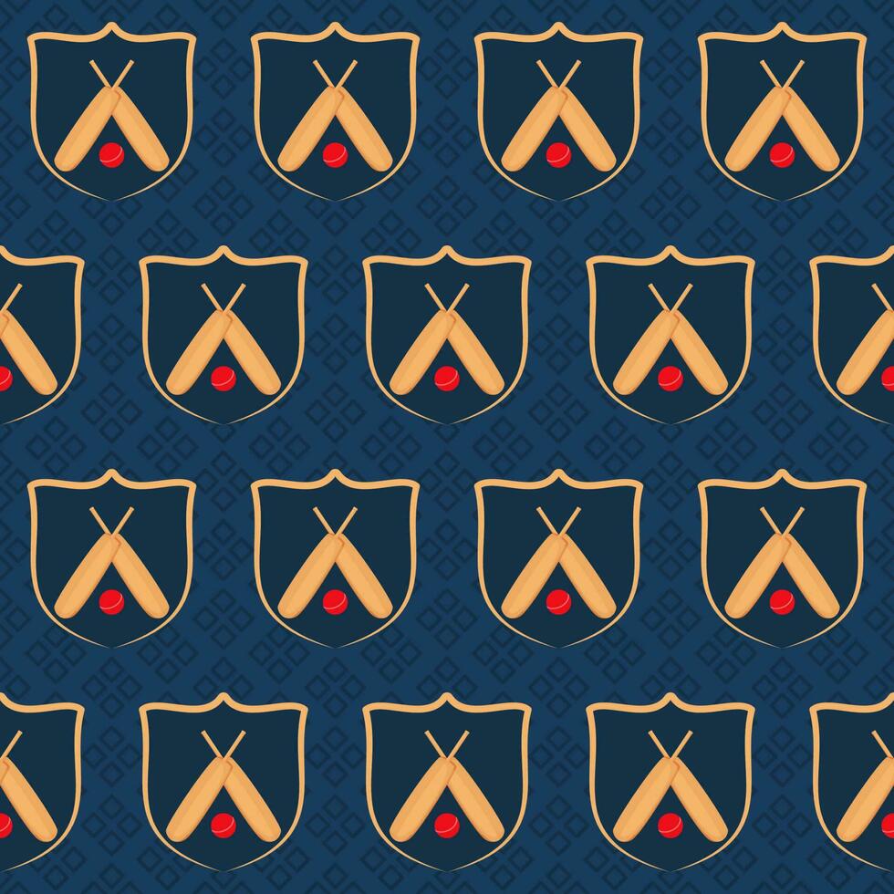 Seamless Pattern Of Crossed Bats With Ball Inside Shield On Blue Geometric Background. vector