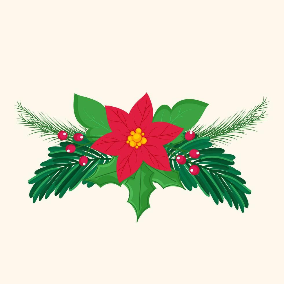 Poinsettia Flower With Green Leaves, Berries On Cosmic Latte Background. vector