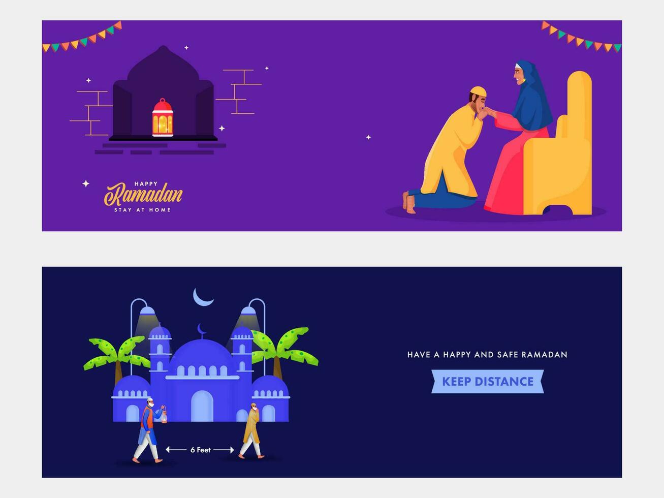 Ramadan Kareem or Ramadan Mubarak Header or Banner Set. vector