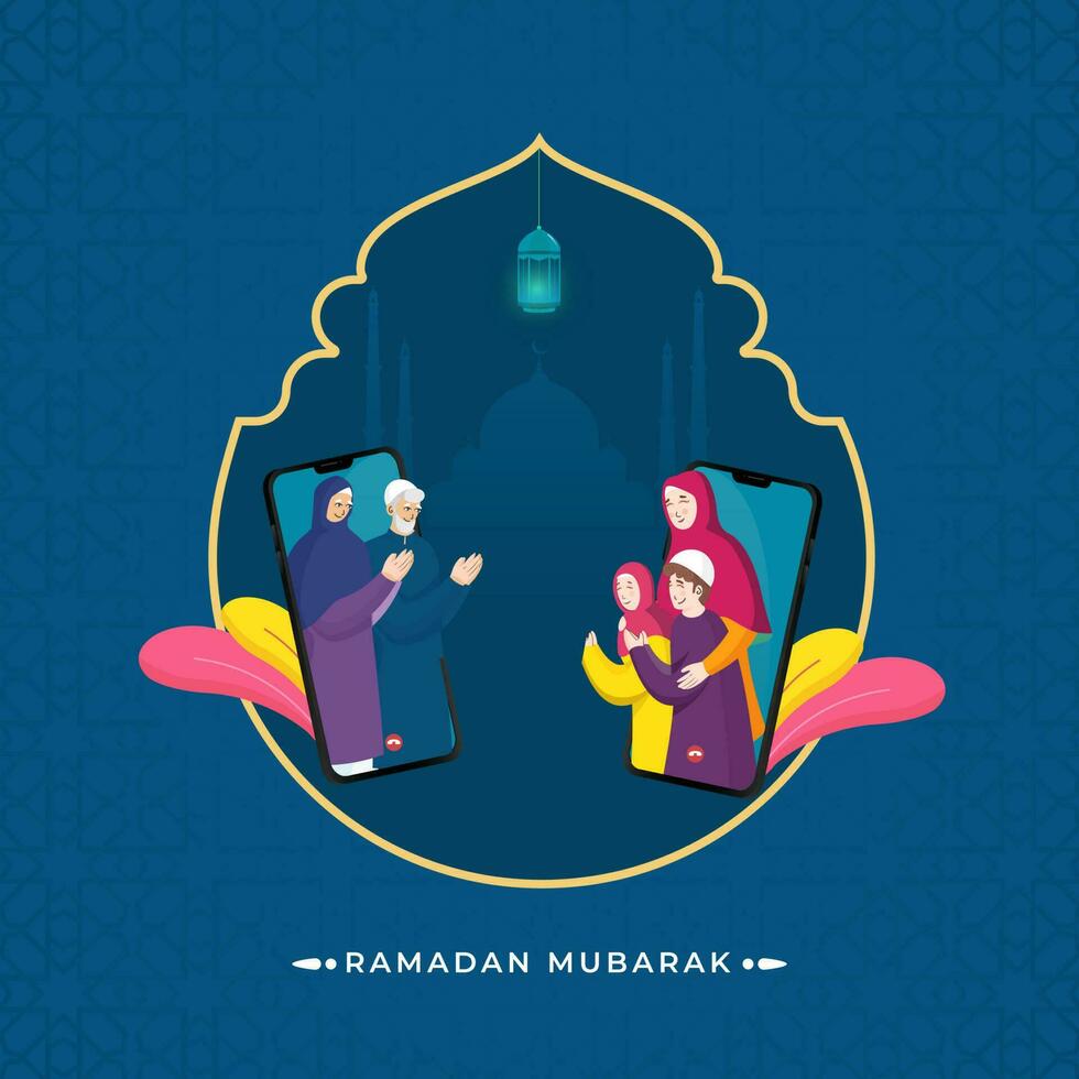 musulmán familia contacto su ancianos o padres mediante vídeo llamada en azul silueta mezquita antecedentes para Ramadán Mubarak celebracion. vector