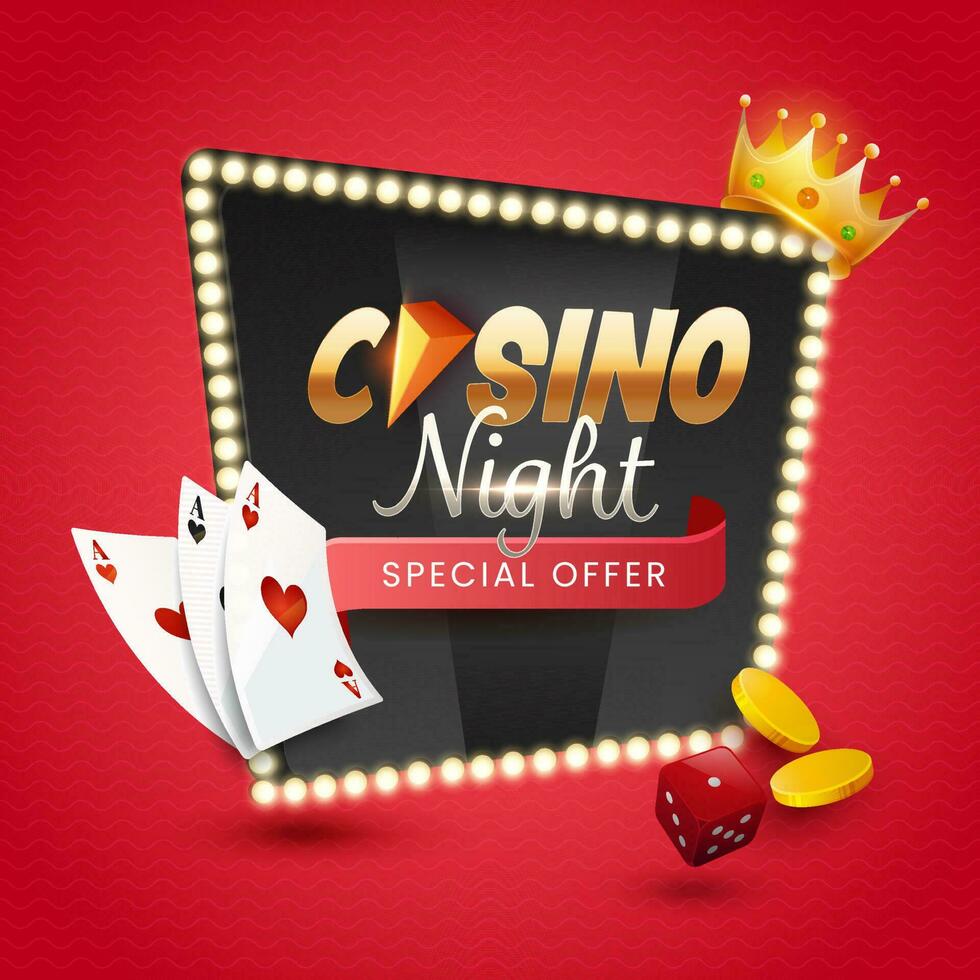 Casino Night Font Over Marquee Light Frame With 3D Golden Crown, Coins, Dice And Playing Cards On Red Background. vector