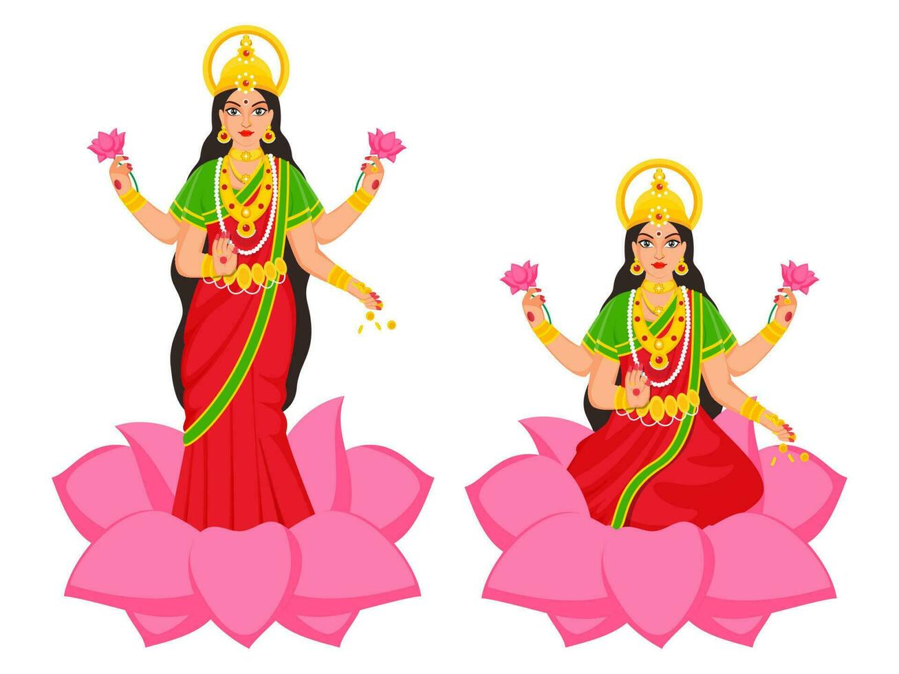 Vector Illustration Of Goddess Lakshmi Maa Character On Lotus Flower In Two Option.