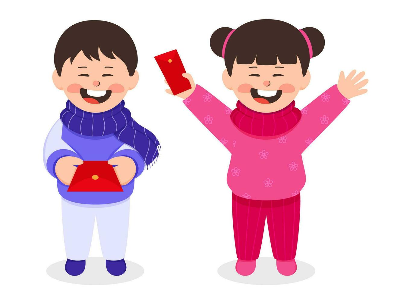 Chinese Young Boy And Girl Holding Red Envelope In Woolen Clothes. vector