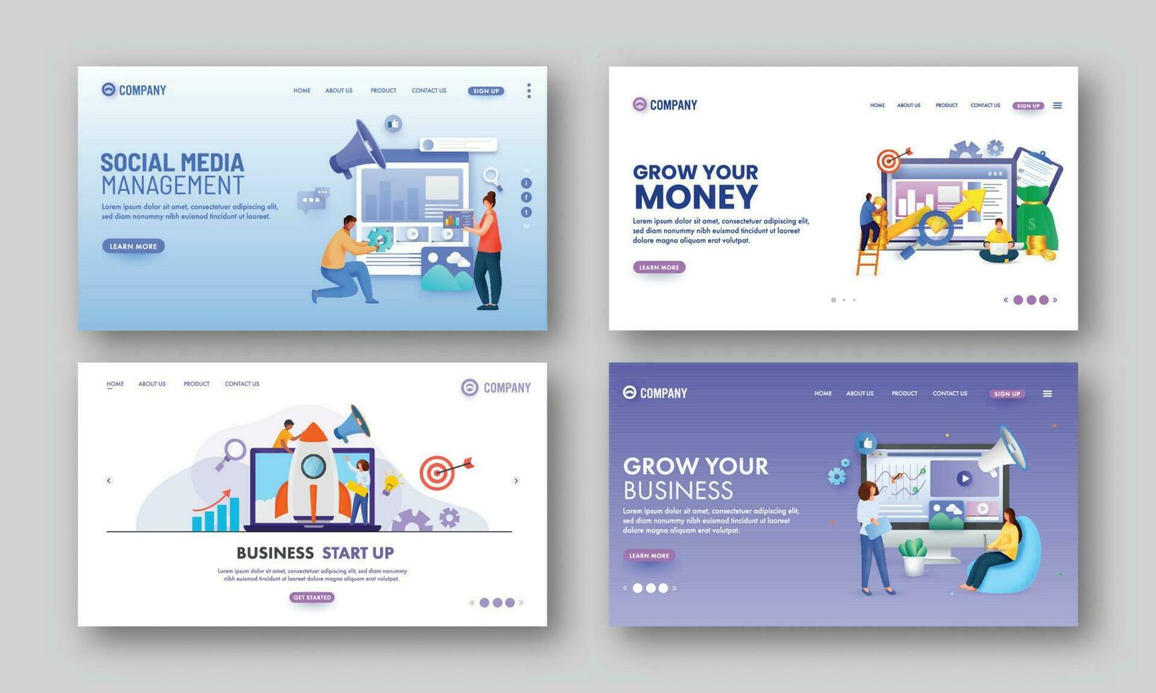 Set Of Hero Image Or Landing Page For Business Startup, Growth And Management. vector