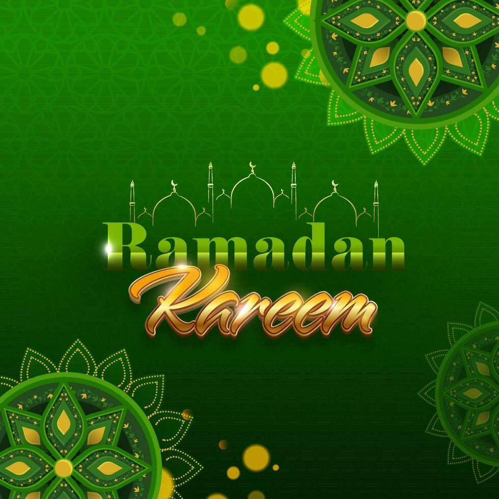 Ramadan Kareem Font With Line Art Mosque On Green Islamic Pattern Background. vector