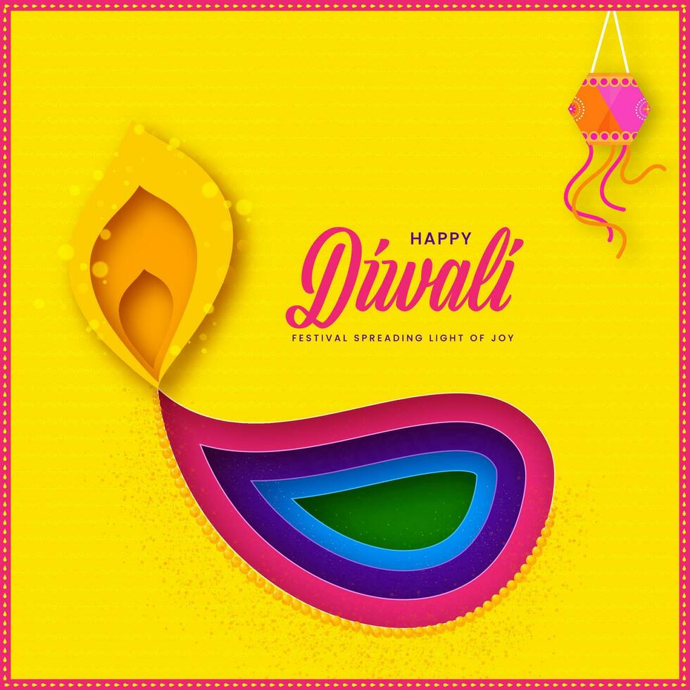 contento diwali saludo tarjeta con vistoso papel cortar quemar petróleo lámpara y colgando linterna en amarillo antecedentes. vector