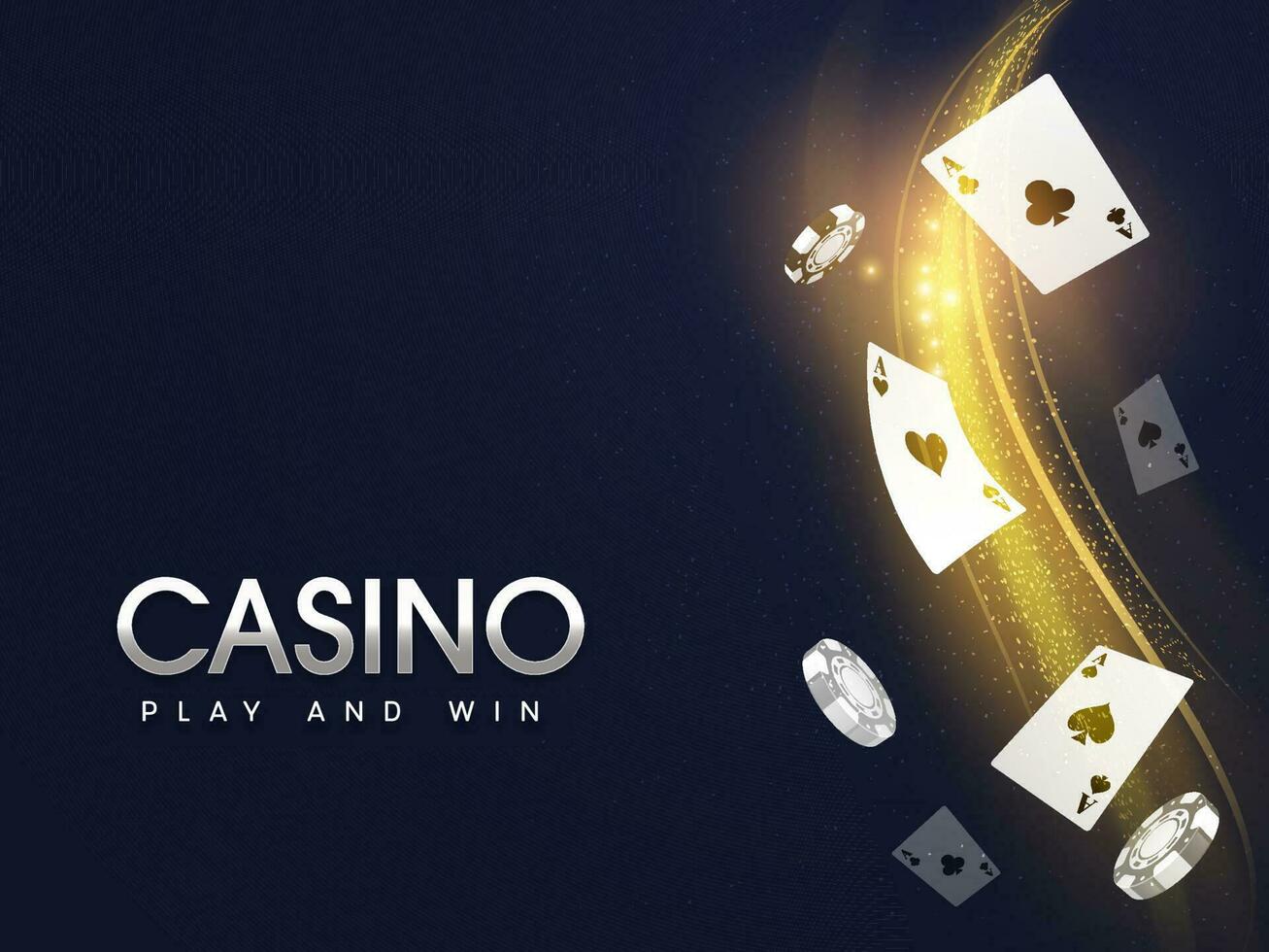 Casino Play And Win Concept With Flying Ace Cards, Realistic Poker Chips And Golden Particles Wave On Blue Background. vector