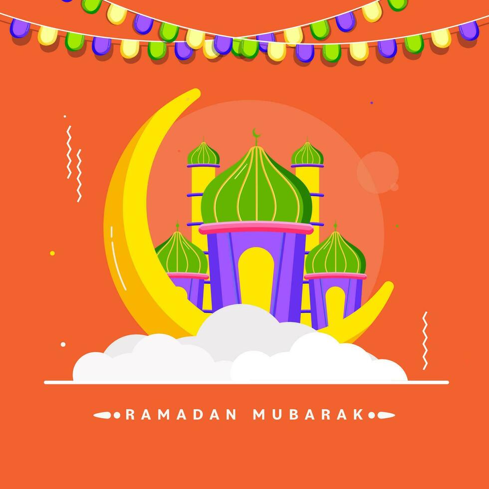 Vector Illustration Of Crescent Moon With Mosque, Clouds And Garland Decorated On Orange Background For Ramadan Mubarak Concept.
