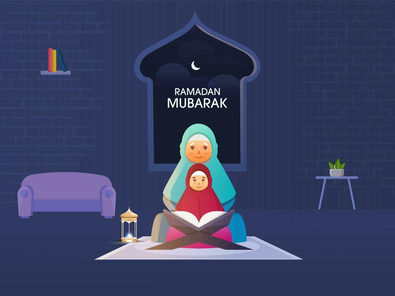 Muslim Older Woman With Her Granddaughter Reading Quran Together On Blue Interior Background For Ramadan Mubarak Concept. vector