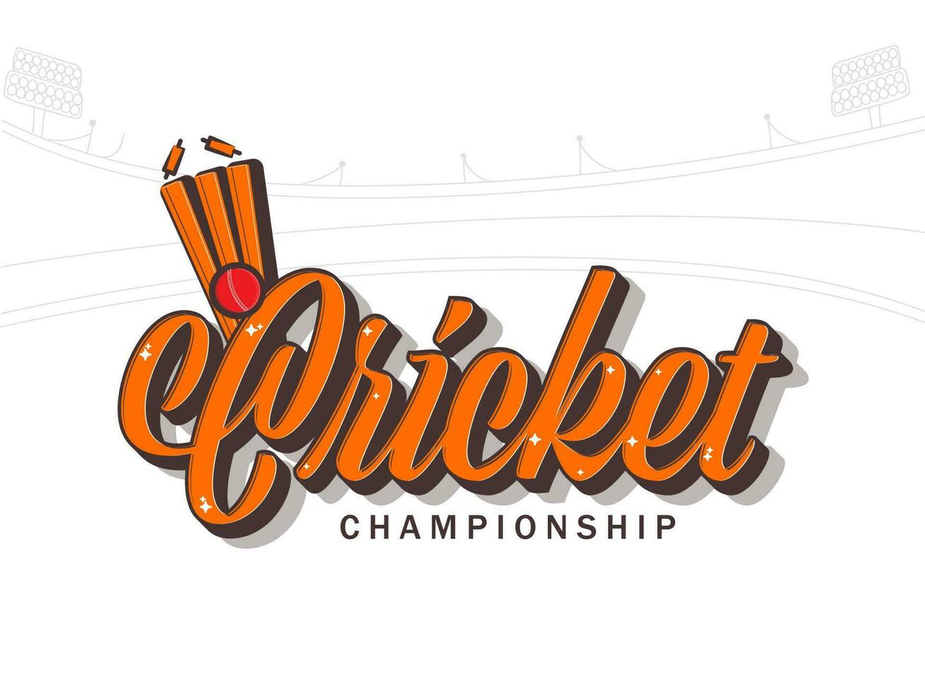 Cricket Championship Font With Ball Hits Wicket Stumps On White Stadium Background. vector