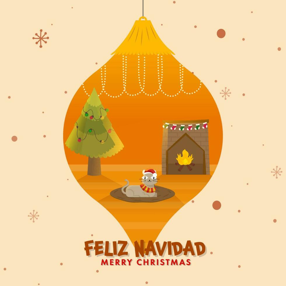 alegre Navidad fuente escrito en Español idioma con linda gato vestir Papa Noel sombrero, Navidad árbol y hogar dentro chuchería colgar en melocotón antecedentes. vector