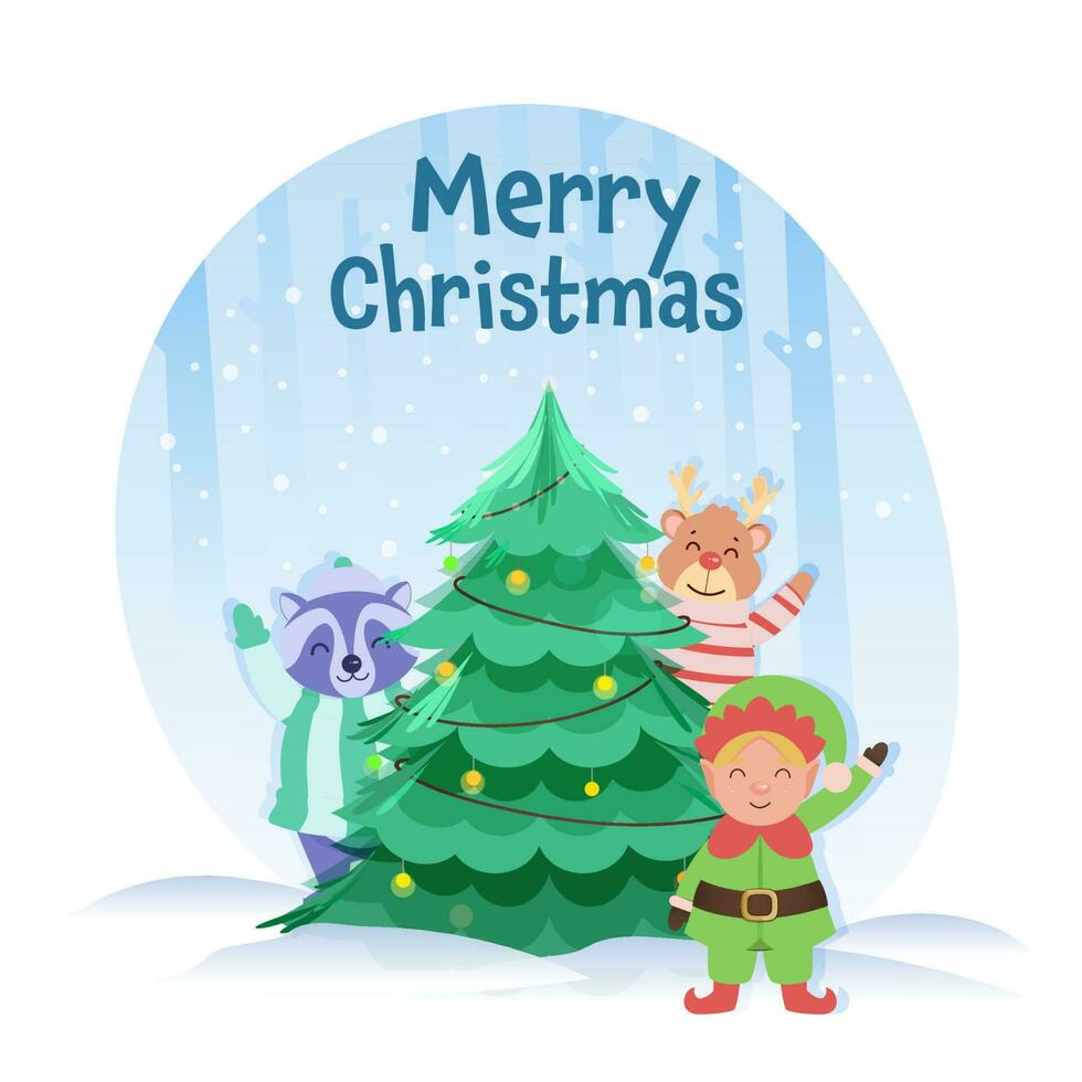 Decorative Xmas Tree With Cartoon Elf, Raccoon, Reindeer On Blue And White Snowy Background For Merry Christmas Concept. vector