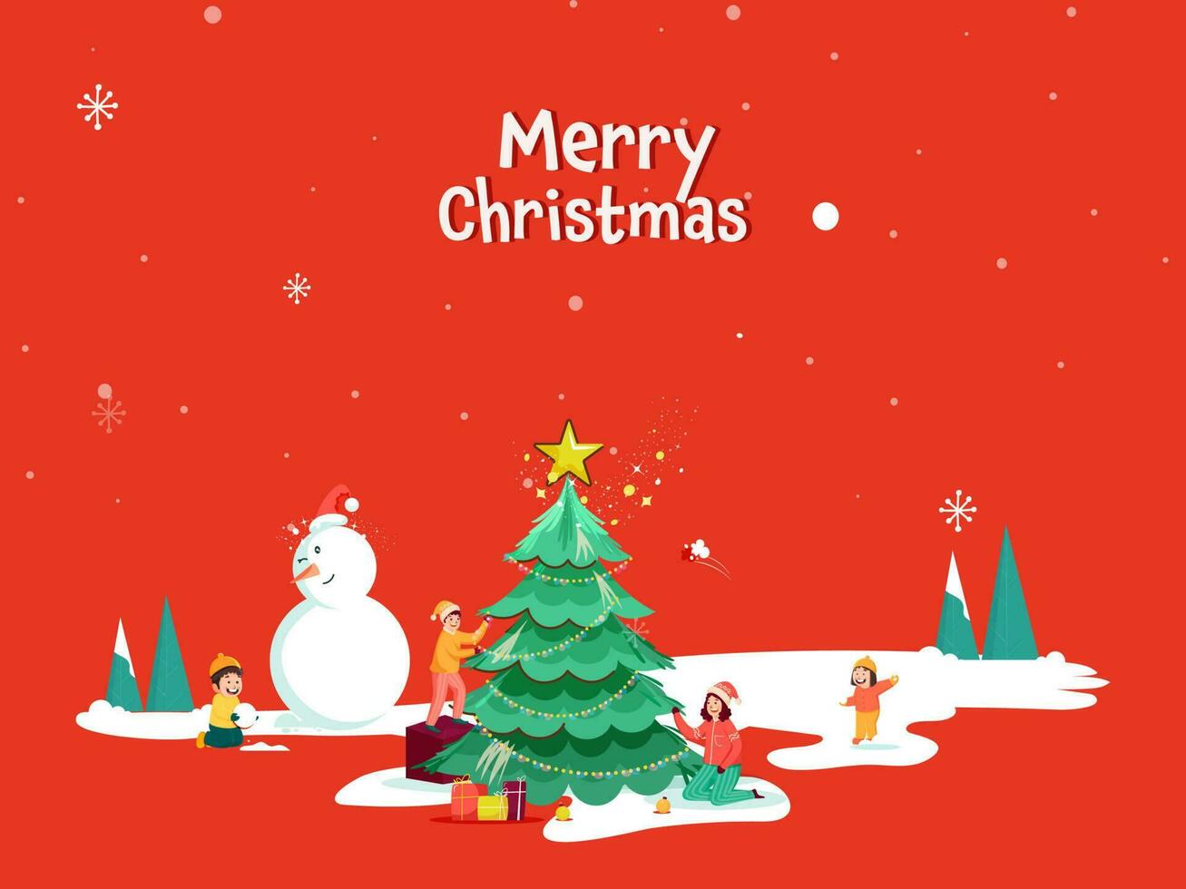 Merry Christmas Poster Design With Decorative Xmas Tree, Cheerful Kids, Cartoon Snowman And Snowfall On Red Background. vector