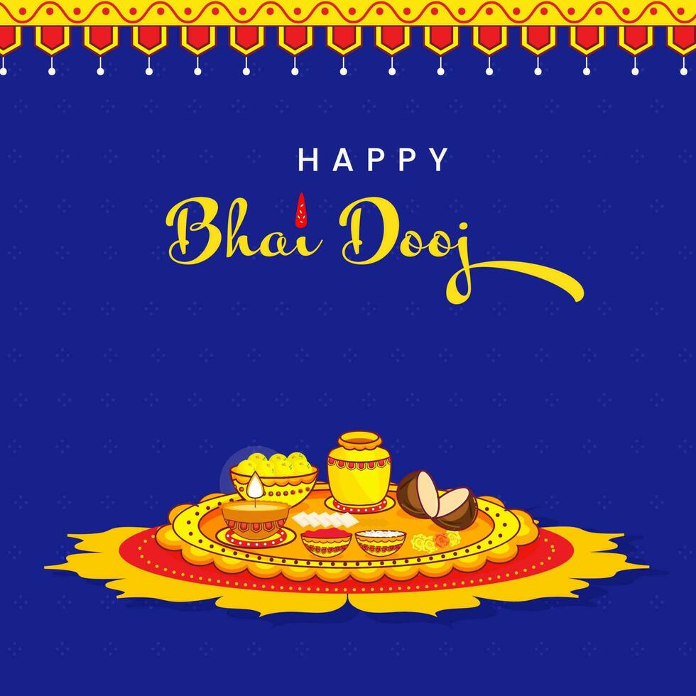 Decorative Worship Plate Of Bhai Dooj Festival On Mandala Or Rangoli Blue Background. vector