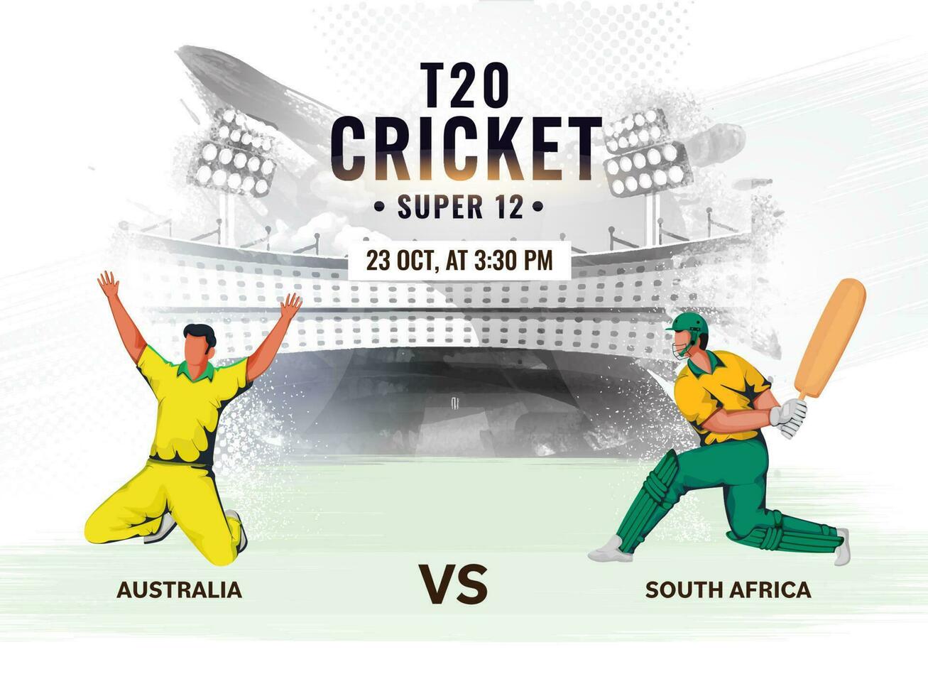T20 Cricket Poster Design With Participating Team Australia VS South Africa Players On Gray Stadium Texture Background. vector