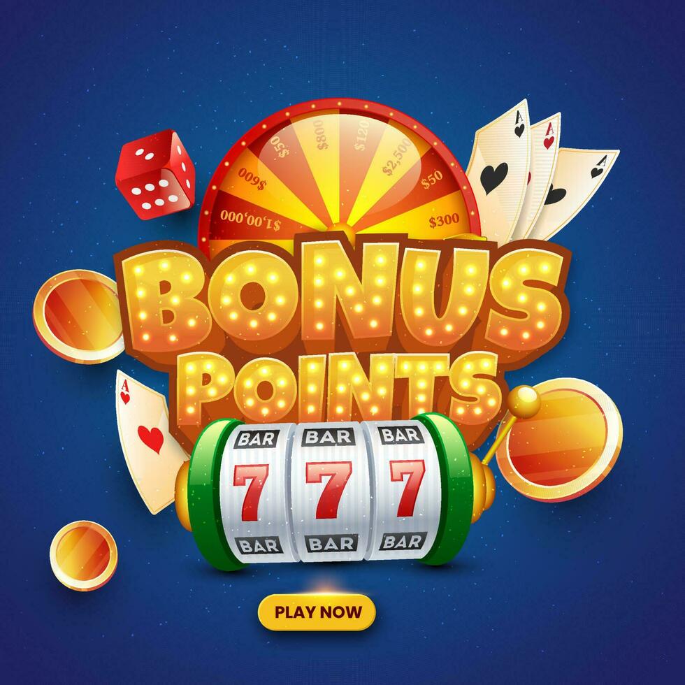 3D Golden Bonus Points Font In Marquee Lights And Casino Elements On Blue Background. vector