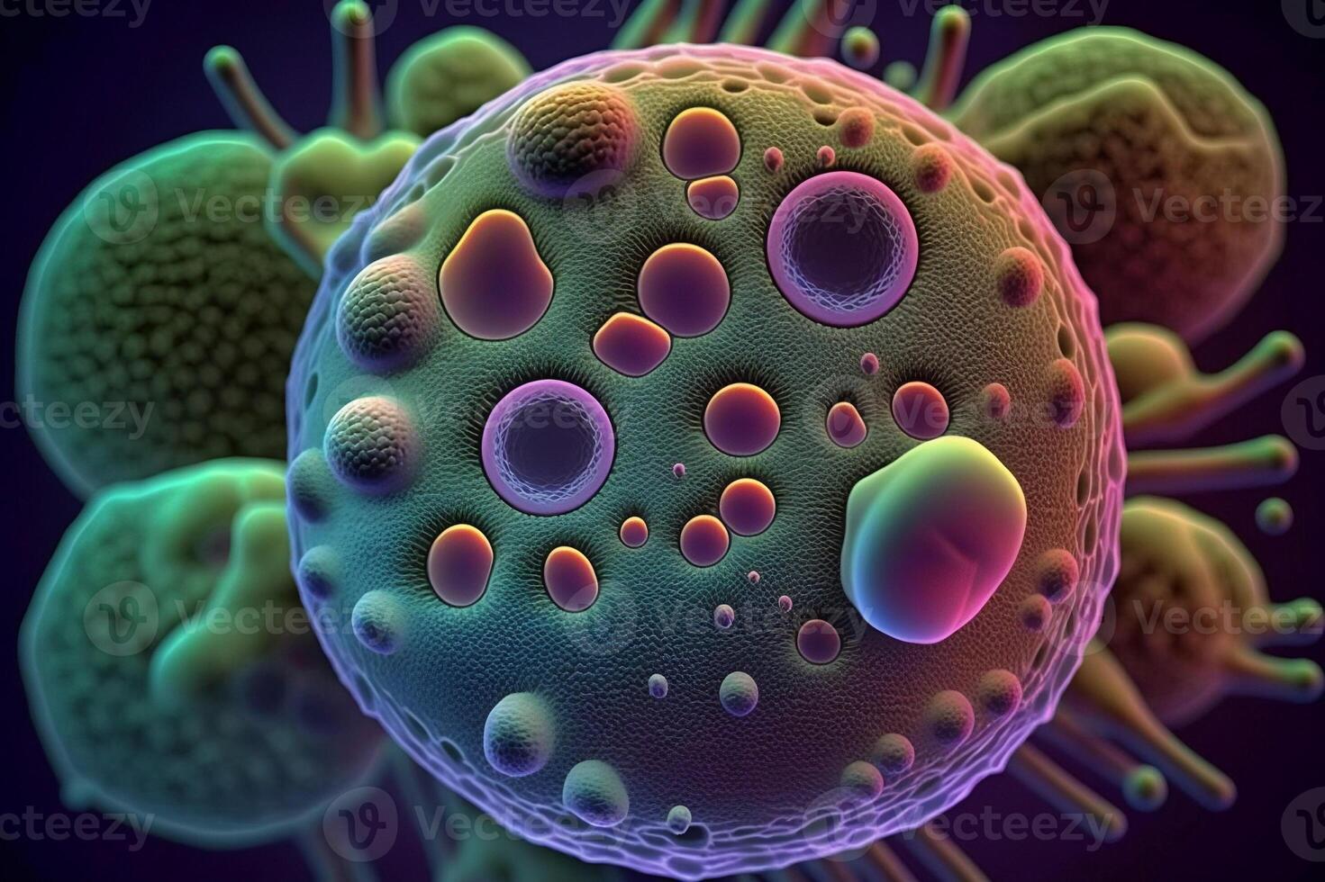 Macro close-up of bacteria under microscope medical concept.. photo