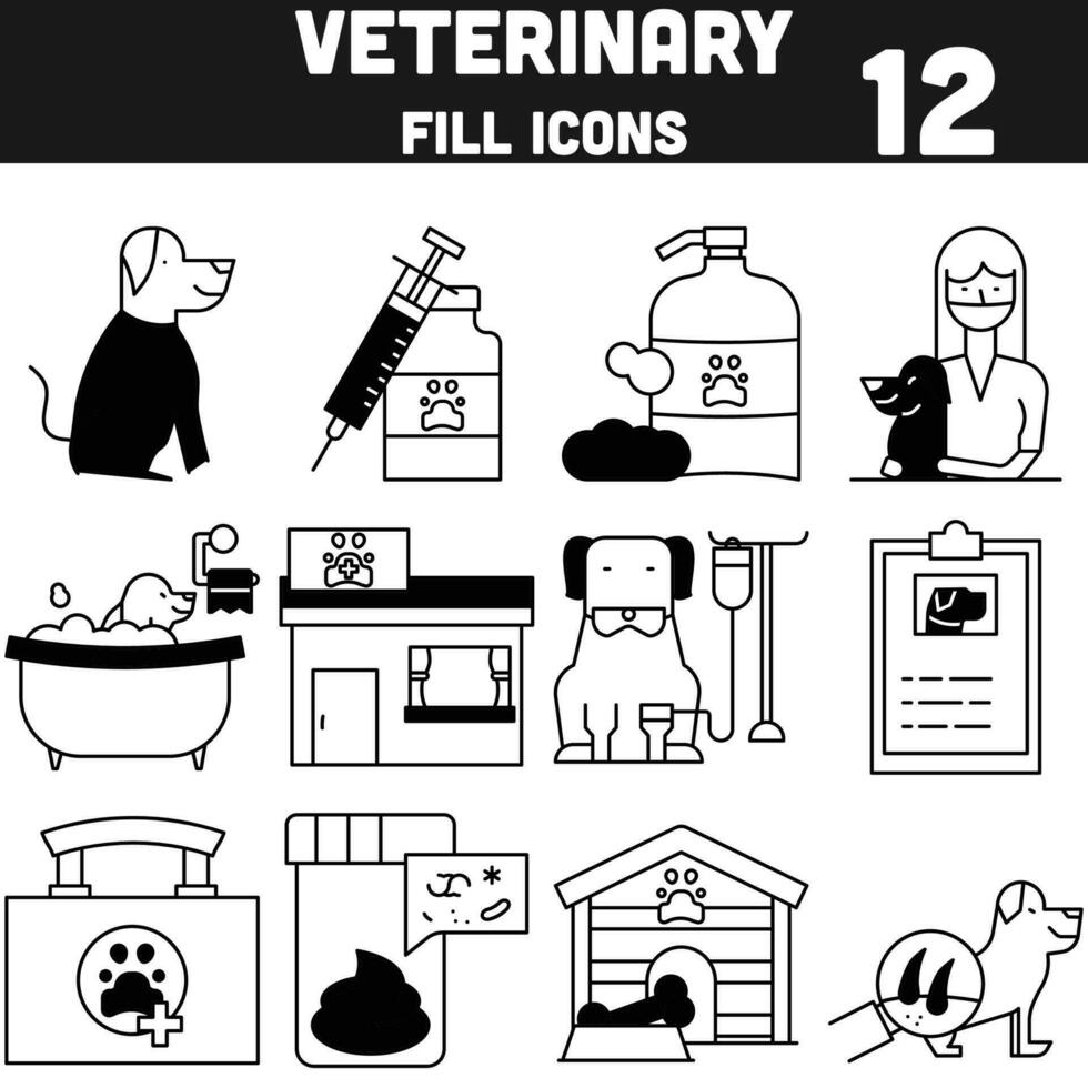 plano estilo veterinario icono conjunto en negro y blanco color. vector