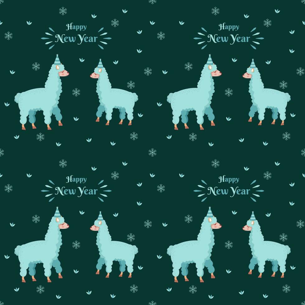 Teal Green Snowflake Pattern Background With Cartoon Sheep Couple And Happy New Year Font. vector