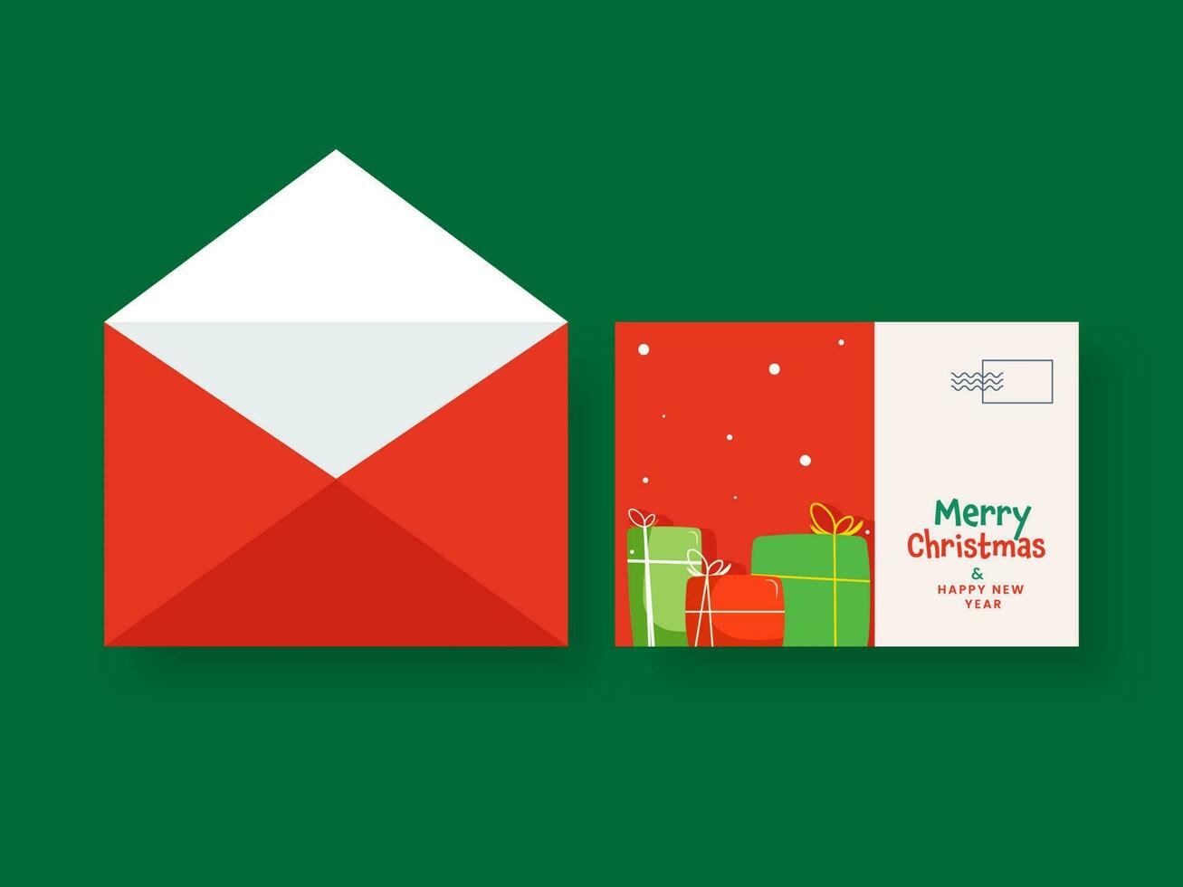 Merry Christmas And New Year Greeting Card With Envelope In Red And White Color. vector