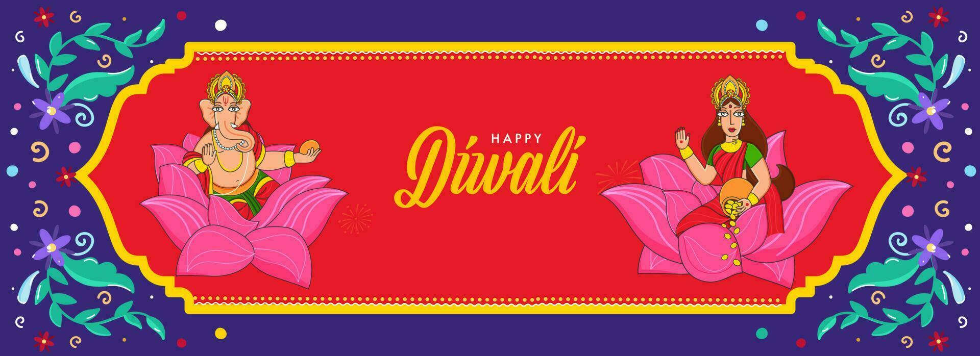 Hindu Mythology Lord Ganesha With Goddess Lakshmi Statue On Red And Purple Floral Background For Happy Diwali Celebration. vector